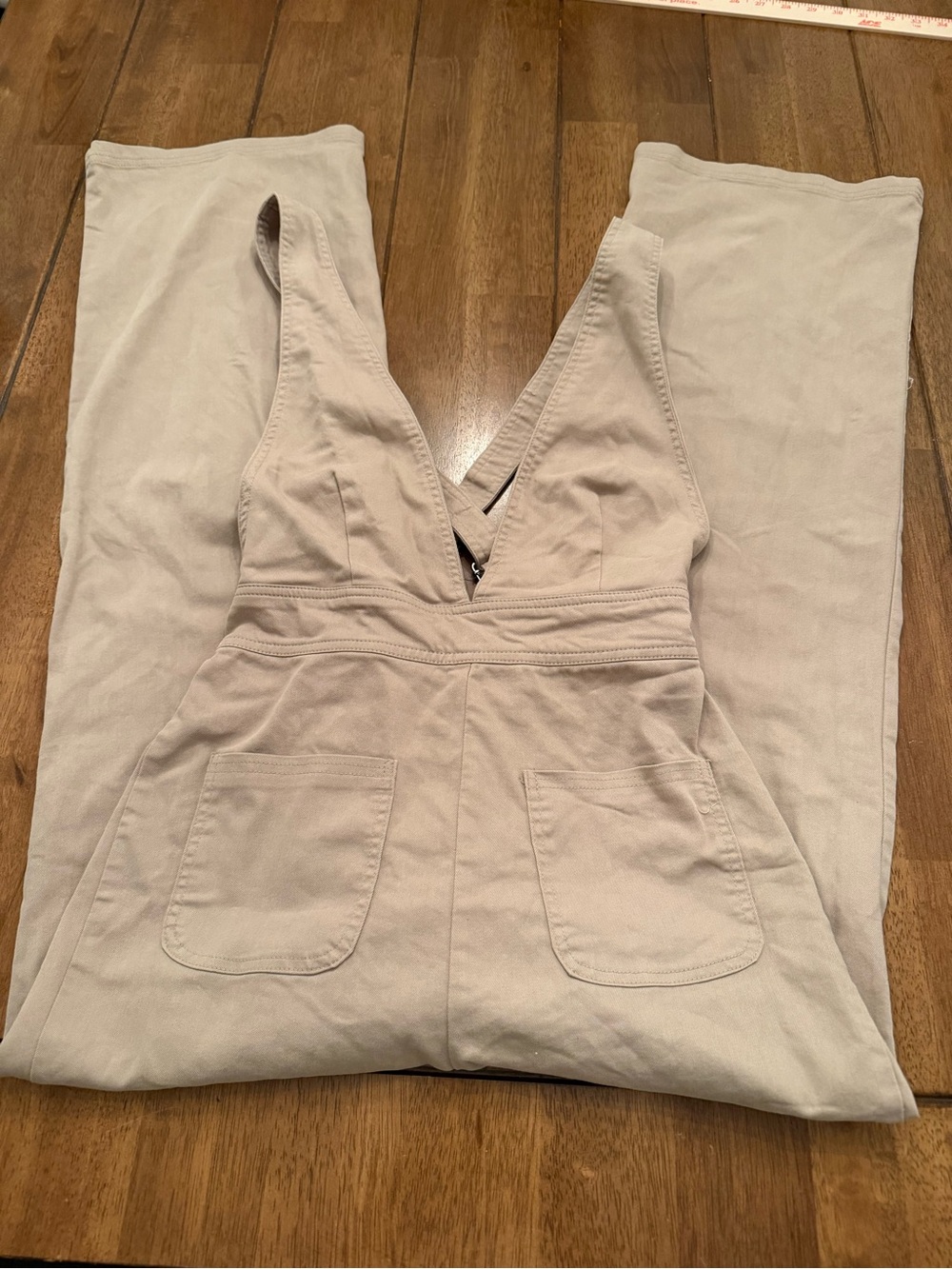 Sincerely Jules Taupe Beige Wide Leg Overall Jumpsuit Small Utility Canvas